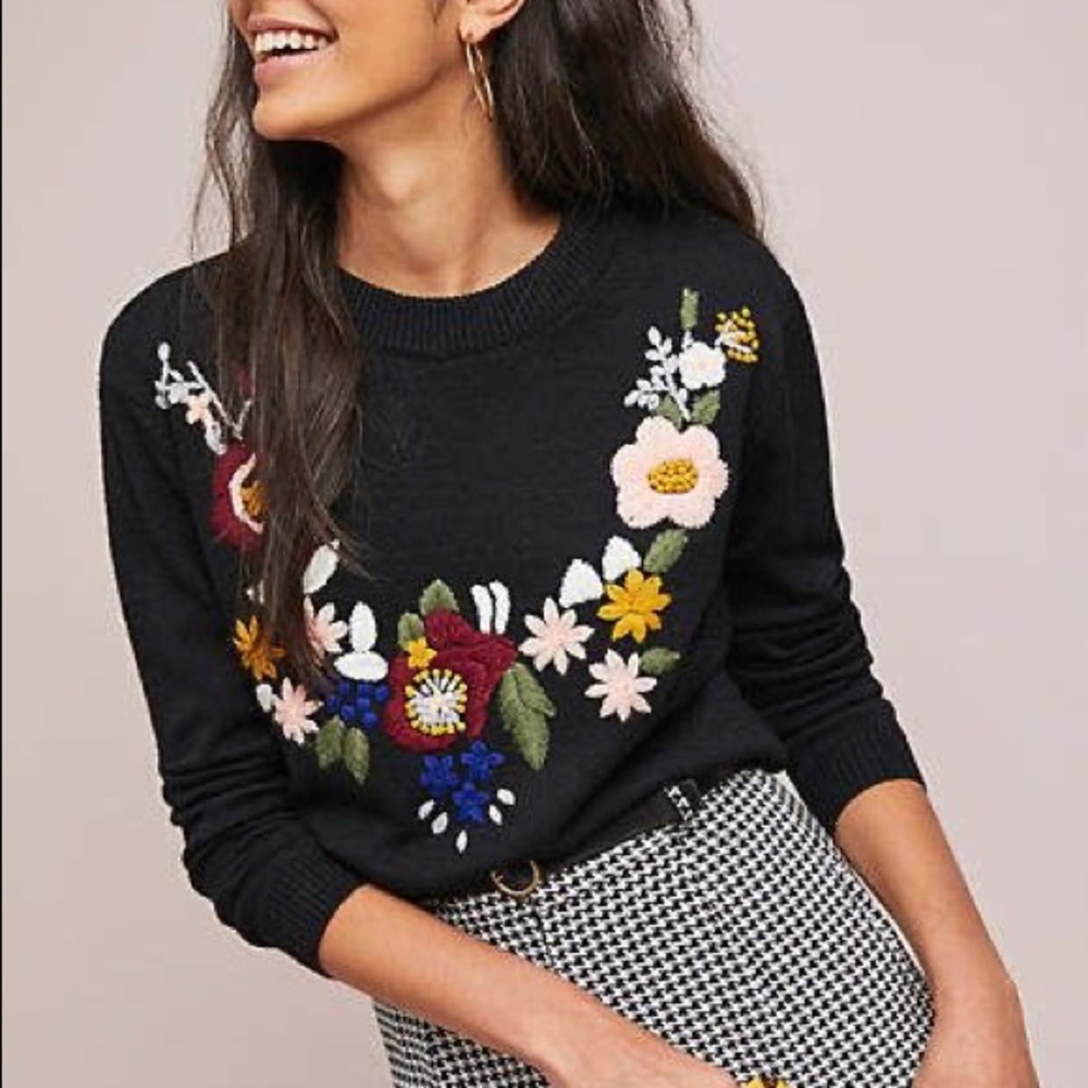Anthropologie Monarc Petals Embroidered Sweater